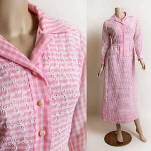 Vintage 1970s Pink Gingham Maxi Dress Prairie 70s Long Sleeve Cotton